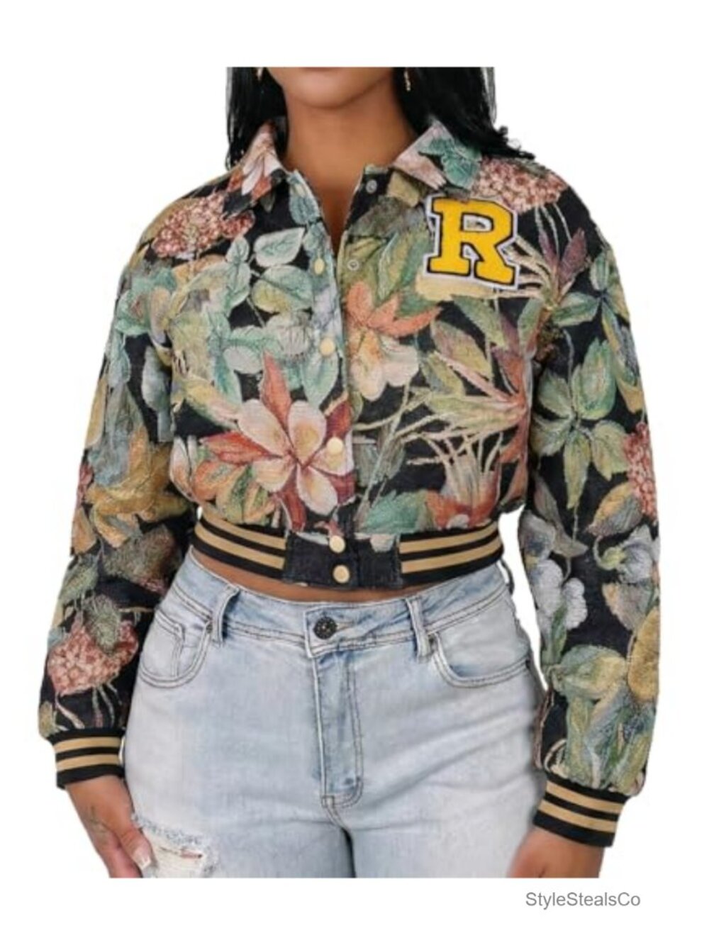 Women's Floral Cropped Bomber Jacket Varsity Letter Patch Snap Closure